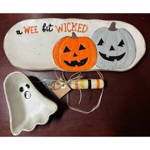 NIB Mud Pie Halloween Dip and Tray Set "A Wee Bit Wicked Pumpkins & Ghost